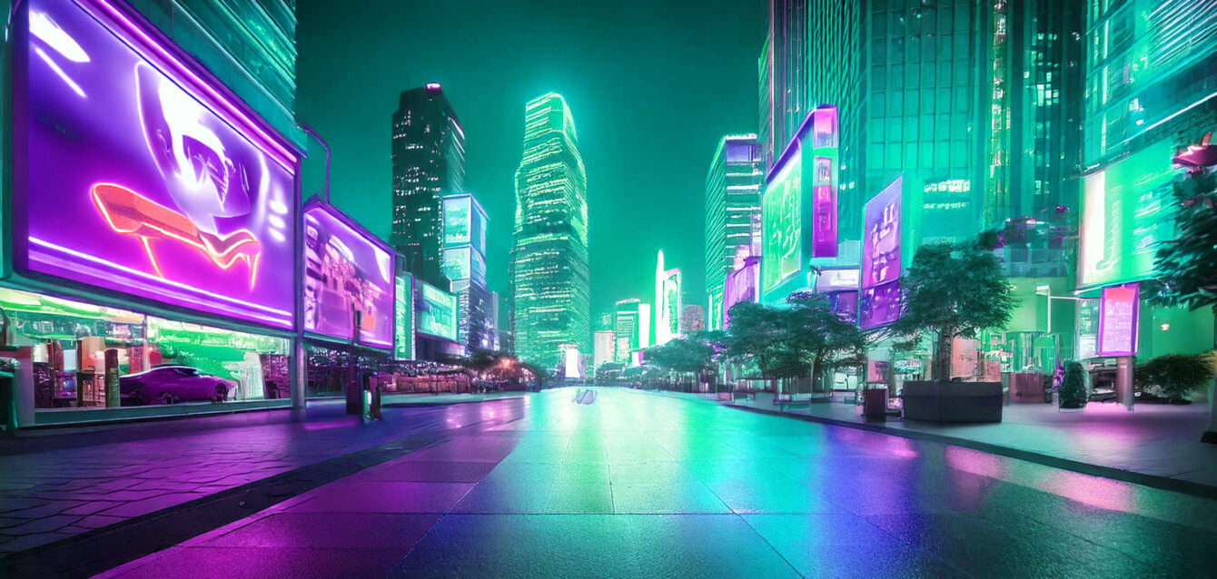 Firefly neon billboards with products on them in a modern city at night 58736 (1)