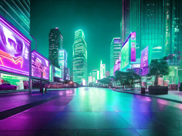 Firefly neon billboards with products on them in a modern city at night 58736 (1)