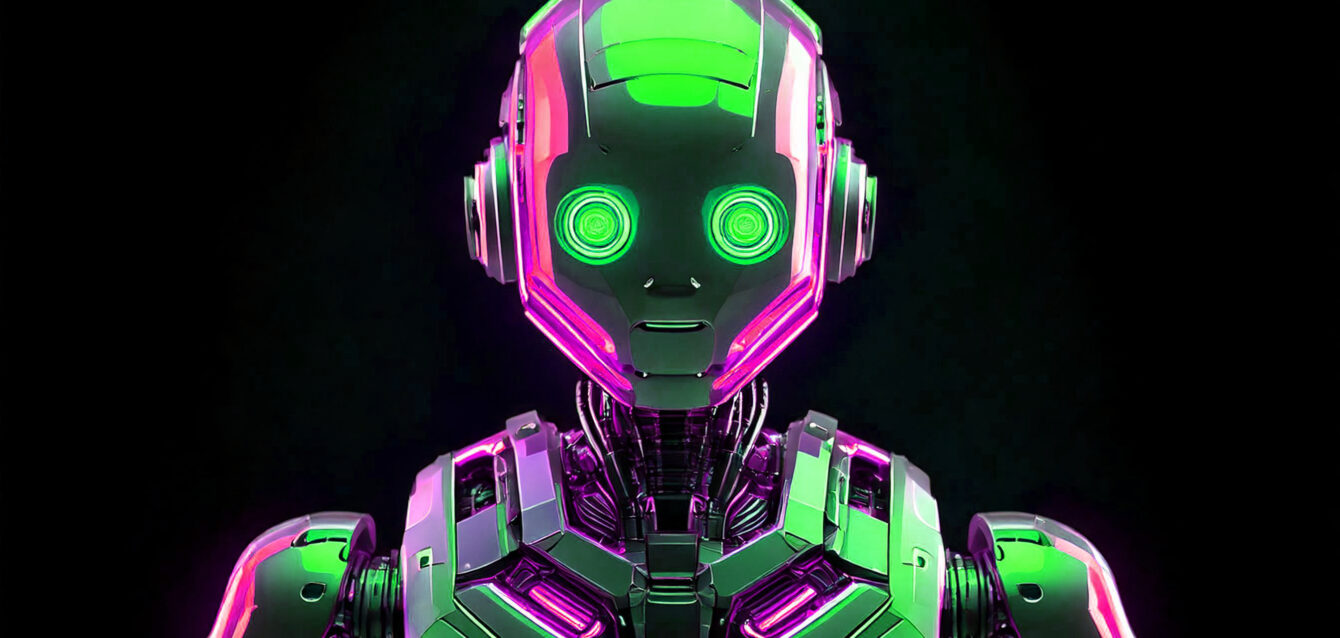 Firefly robot looking front on with black background and neon lights; futuristic cyborg toys; future