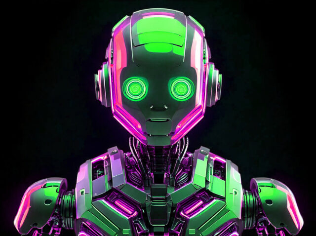 Firefly robot looking front on with black background and neon lights; futuristic cyborg toys; future