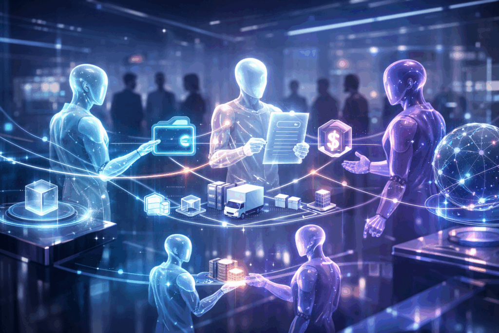 An Agentic commerce Futuristic digital marketplace where autonomous AI agents exchange data, value, and smart contracts on behalf of humans.