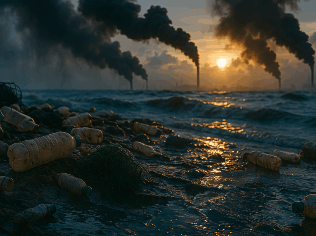 Plastic and waste floating in a murky ocean, mirroring the idea of a The Dead Internet Theory