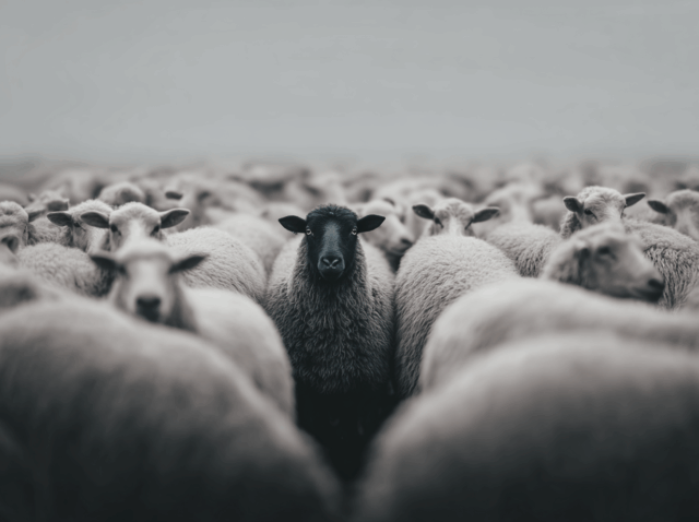 A black sheep standing among a flock of white sheep, illustrating individuality in AI and creativity