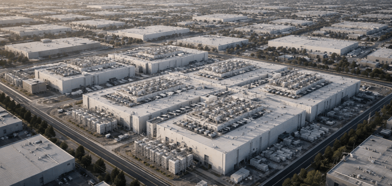 Aerial view of a large data centre complex in an industrial area, illustrating the physical infrastructure behind AI during the 2025 Year in Review.