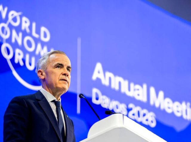 Mark Carney speaking at Davos, symbolising the kind of defining leadership moment now needed in Gen AI.