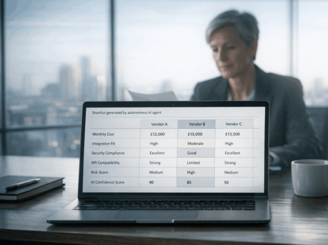 Senior executive reviewing an AI-generated vendor comparison on a laptop screen, illustrating the shift toward AI-mediated B2B buying and automated shortlisting.