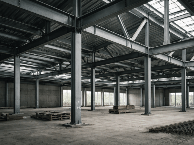 Steel structural beams of a modern building under construction, photographed in natural daylight, symbolising infrastructure and operating model maturity in AI marketing.