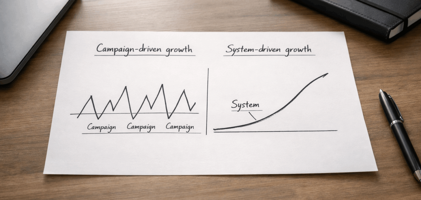 A hand-sketched diagram on a single sheet of paper on a minimal desk, showing two growth patterns side by side: jagged campaign spikes on the left and a smooth compounding curve on the right, labelled Campaign-driven growth and System-driven growth.