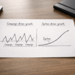 A hand-sketched diagram on a single sheet of paper on a minimal desk, showing two growth patterns side by side: jagged campaign spikes on the left and a smooth compounding curve on the right, labelled Campaign-driven growth and System-driven growth.