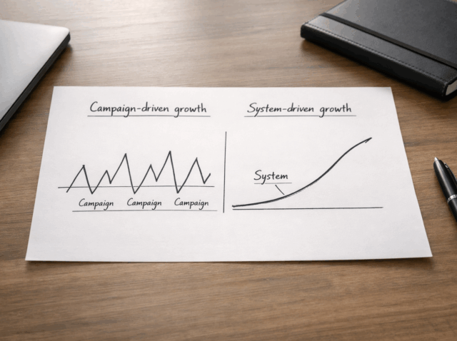 A hand-sketched diagram on a single sheet of paper on a minimal desk, showing two growth patterns side by side: jagged campaign spikes on the left and a smooth compounding curve on the right, labelled Campaign-driven growth and System-driven growth.