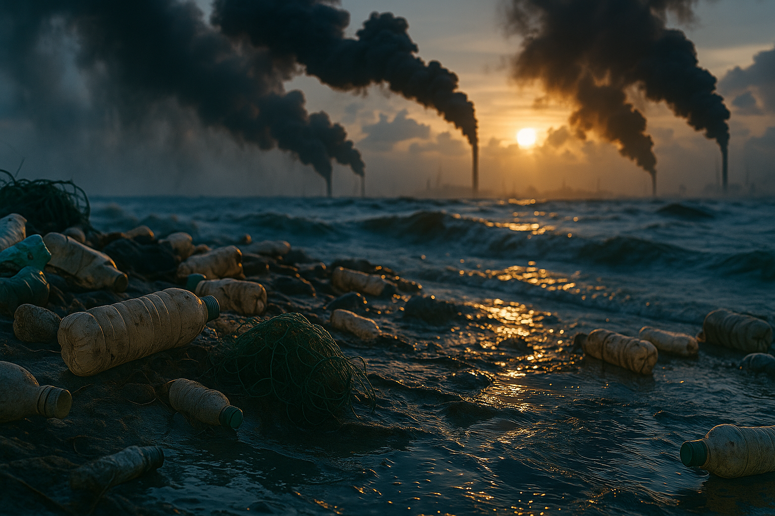 Plastic and waste floating in a murky ocean, mirroring the idea of a The Dead Internet Theory