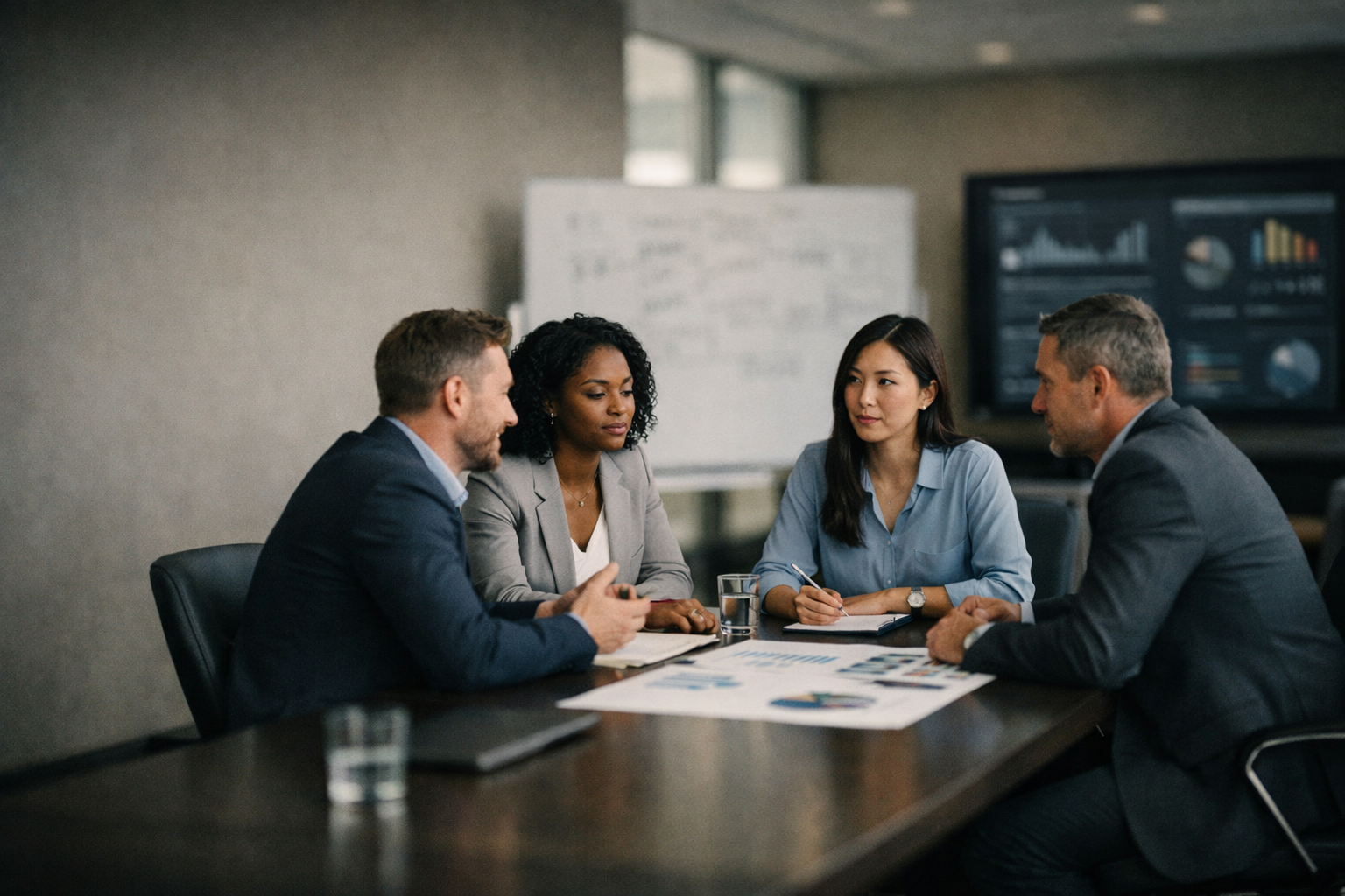 Business professionals from a B2B agency mid-discussion in a modern office, reviewing strategy charts and dashboards around a sleek conference table, with natural lighting and a muted color palette.