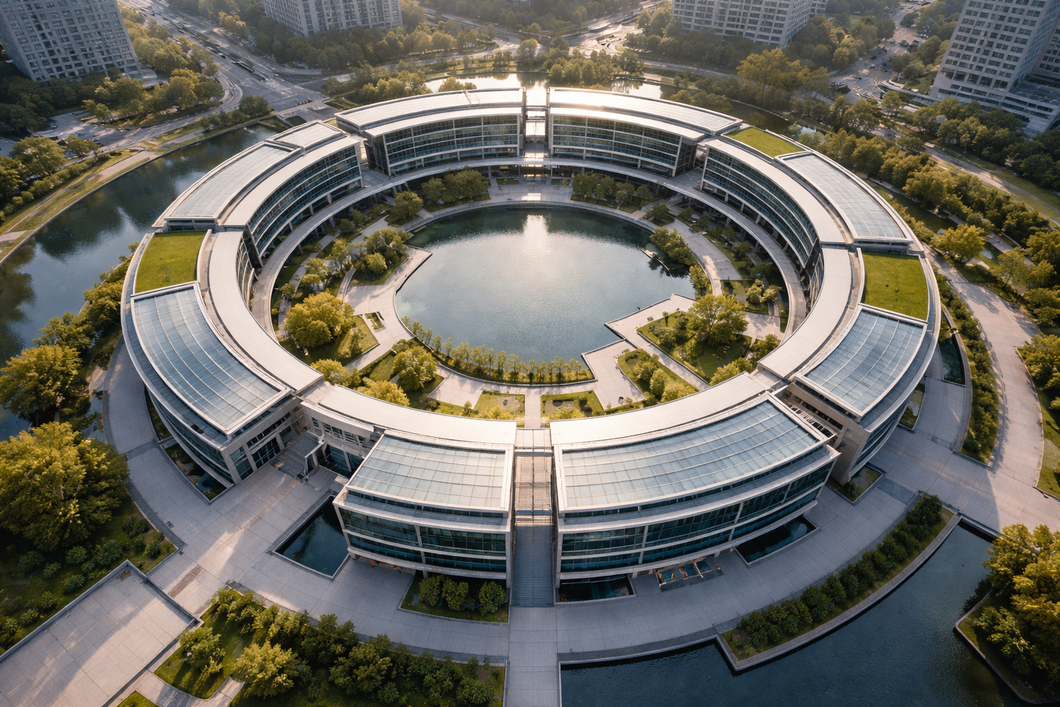 Aerial view of a modern circular architectural structure forming a continuous loop, symbolising the closed decision system of the Six Labs Model for B2B commercial intelligence.