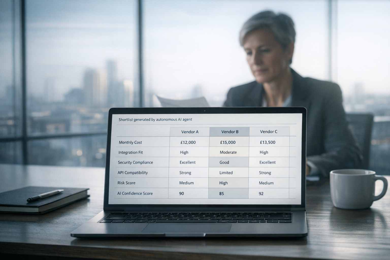 Senior executive reviewing an AI-generated vendor comparison on a laptop screen, illustrating the shift toward AI-mediated B2B buying and automated shortlisting.