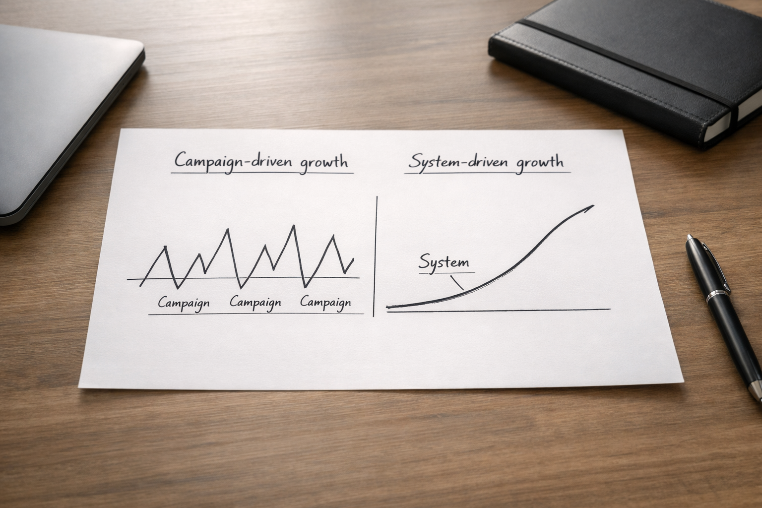 A hand-sketched diagram on a single sheet of paper on a minimal desk, showing two growth patterns side by side: jagged campaign spikes on the left and a smooth compounding curve on the right, labelled Campaign-driven growth and System-driven growth.
