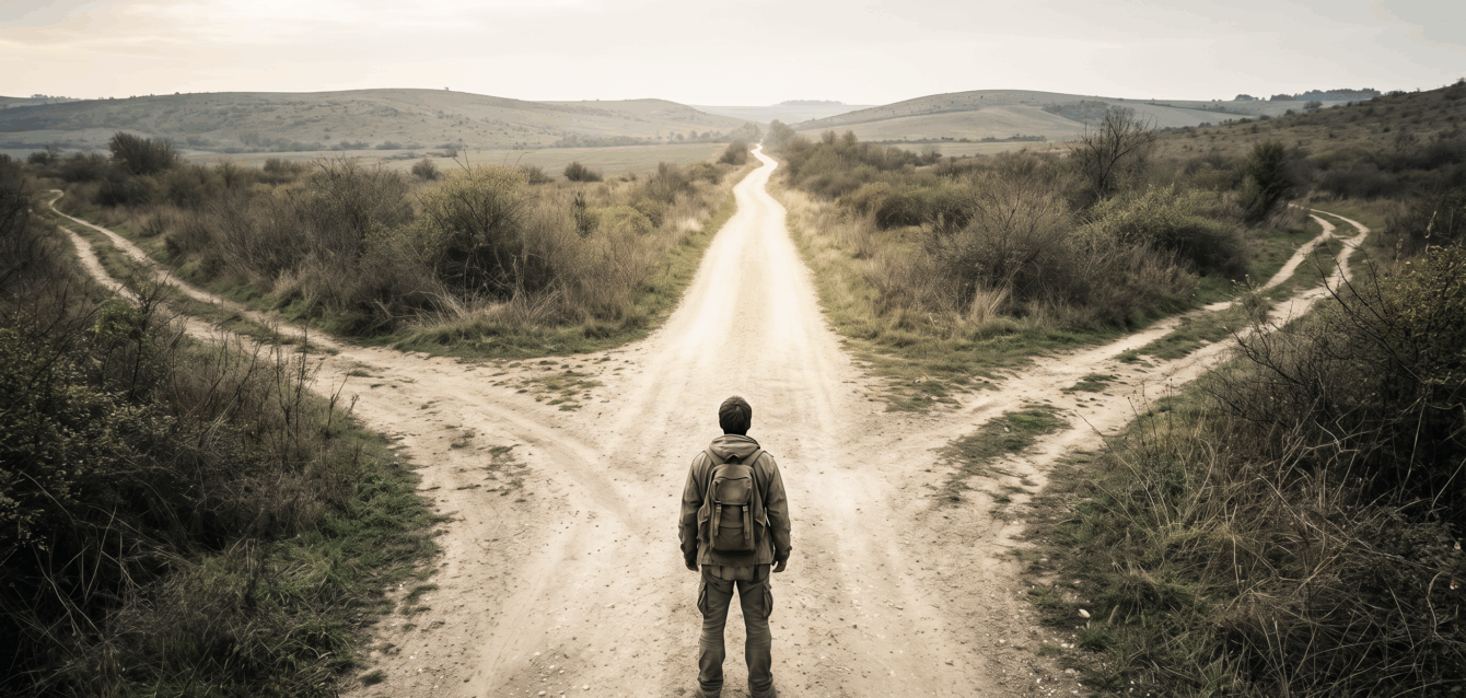 A person standing at a fork in the road representing the choice between growth marketing and commercial intelligence in 2026