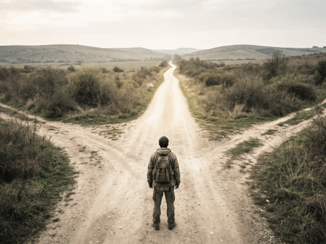 A person standing at a fork in the road representing the choice between growth marketing and commercial intelligence in 2026