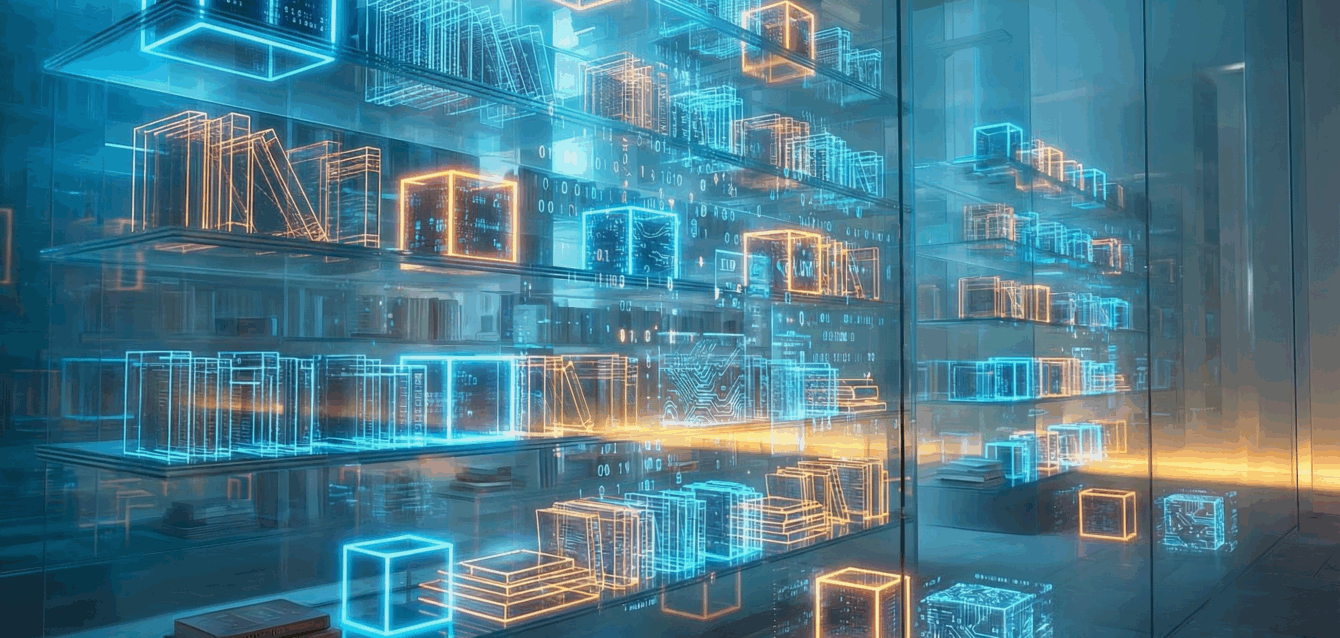 Futuristic neon-lit library representing owned marketing IP, assets, intellectual property and compounding brand value in the AI age