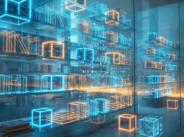 Futuristic neon-lit library representing owned marketing IP, assets, intellectual property and compounding brand value in the AI age