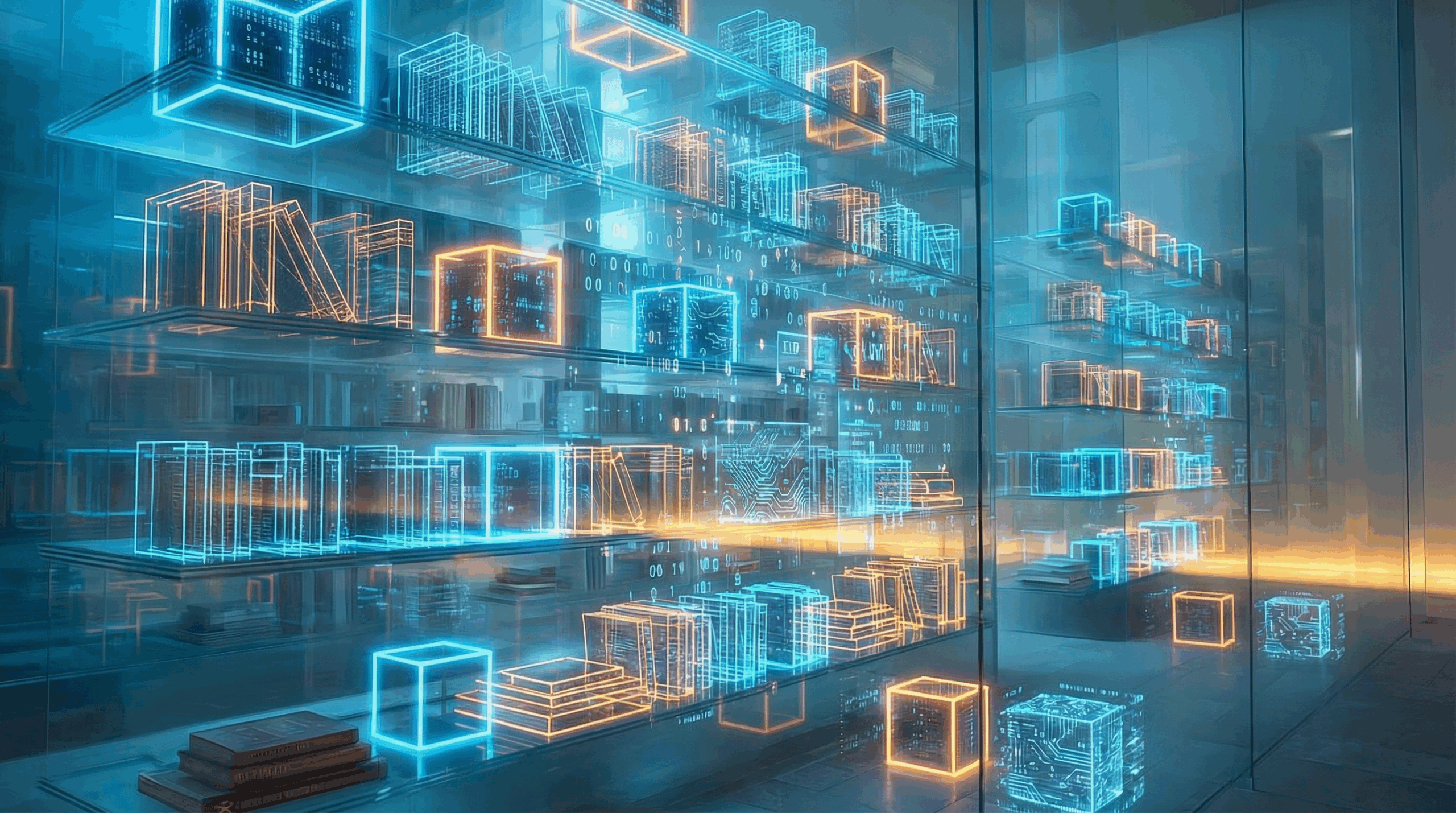 Futuristic neon-lit library representing owned marketing IP, assets, intellectual property and compounding brand value in the AI age