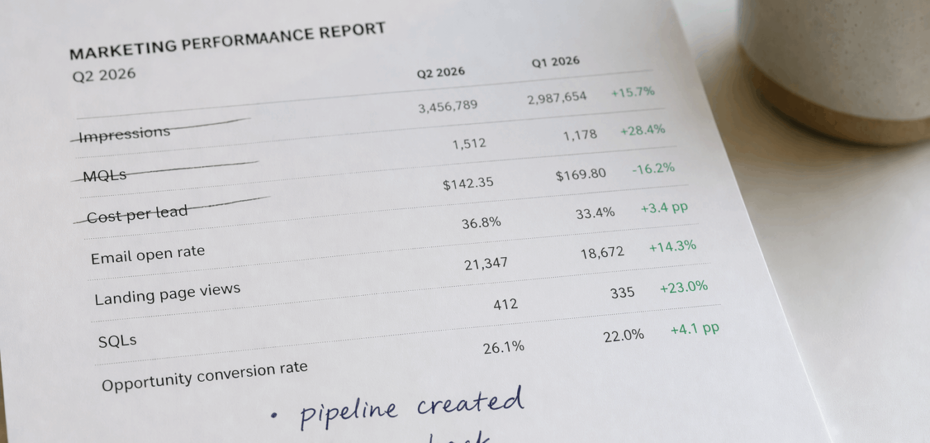 Printed marketing report showing vanity metrics crossed out and revenue metrics written in