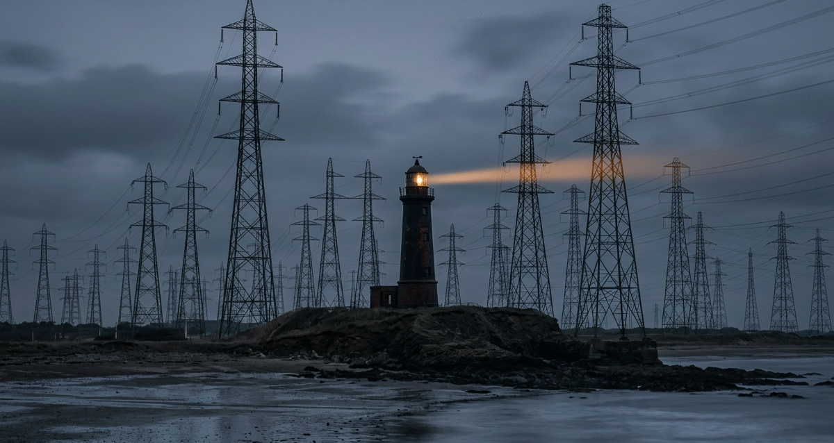 A lighthouse shining through darkness, representing how growth marketing loses strategic value in an AI economy where trust and clarity become the real competitive advantage.