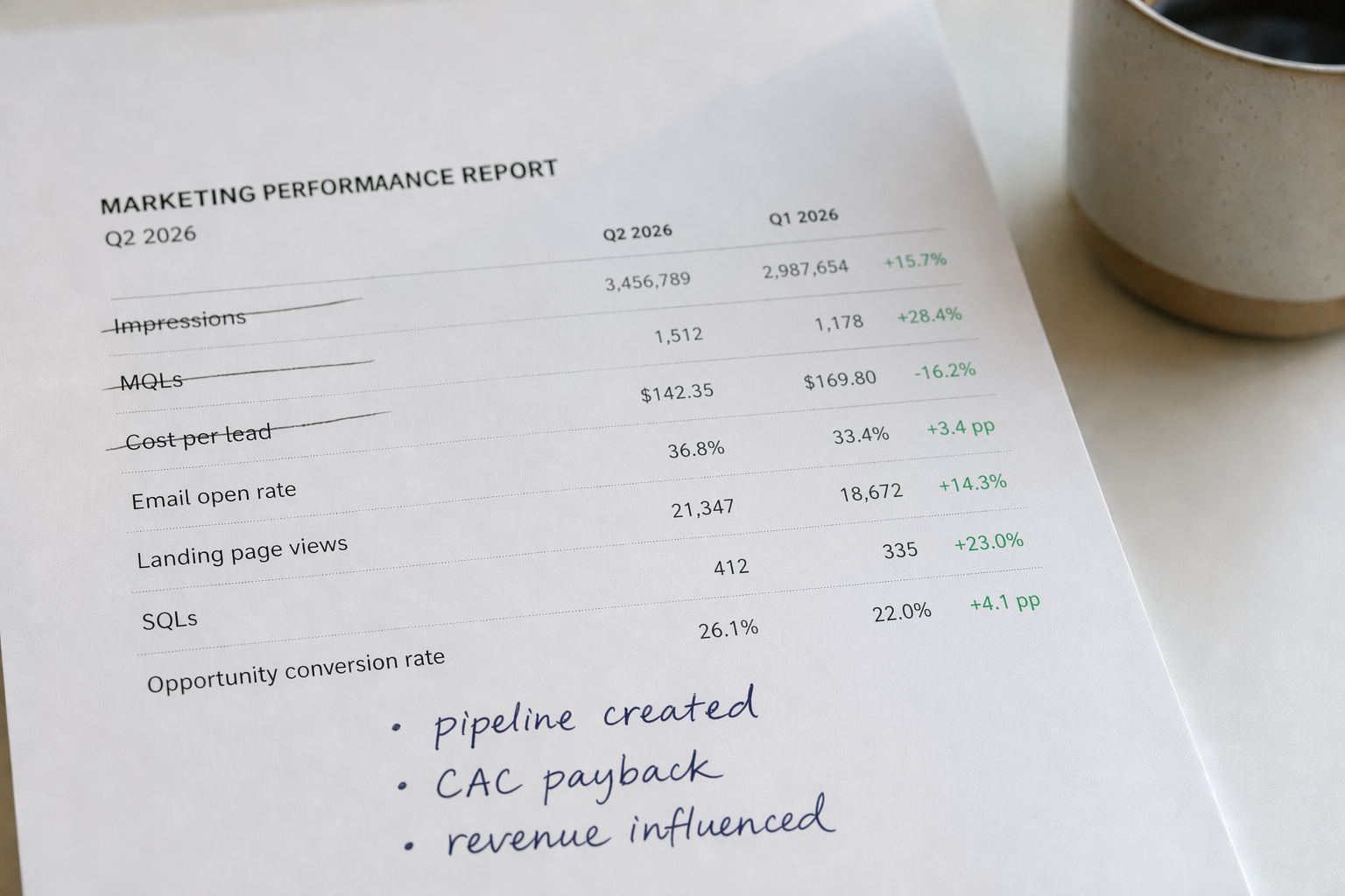 Printed marketing report showing vanity metrics crossed out and revenue metrics written in