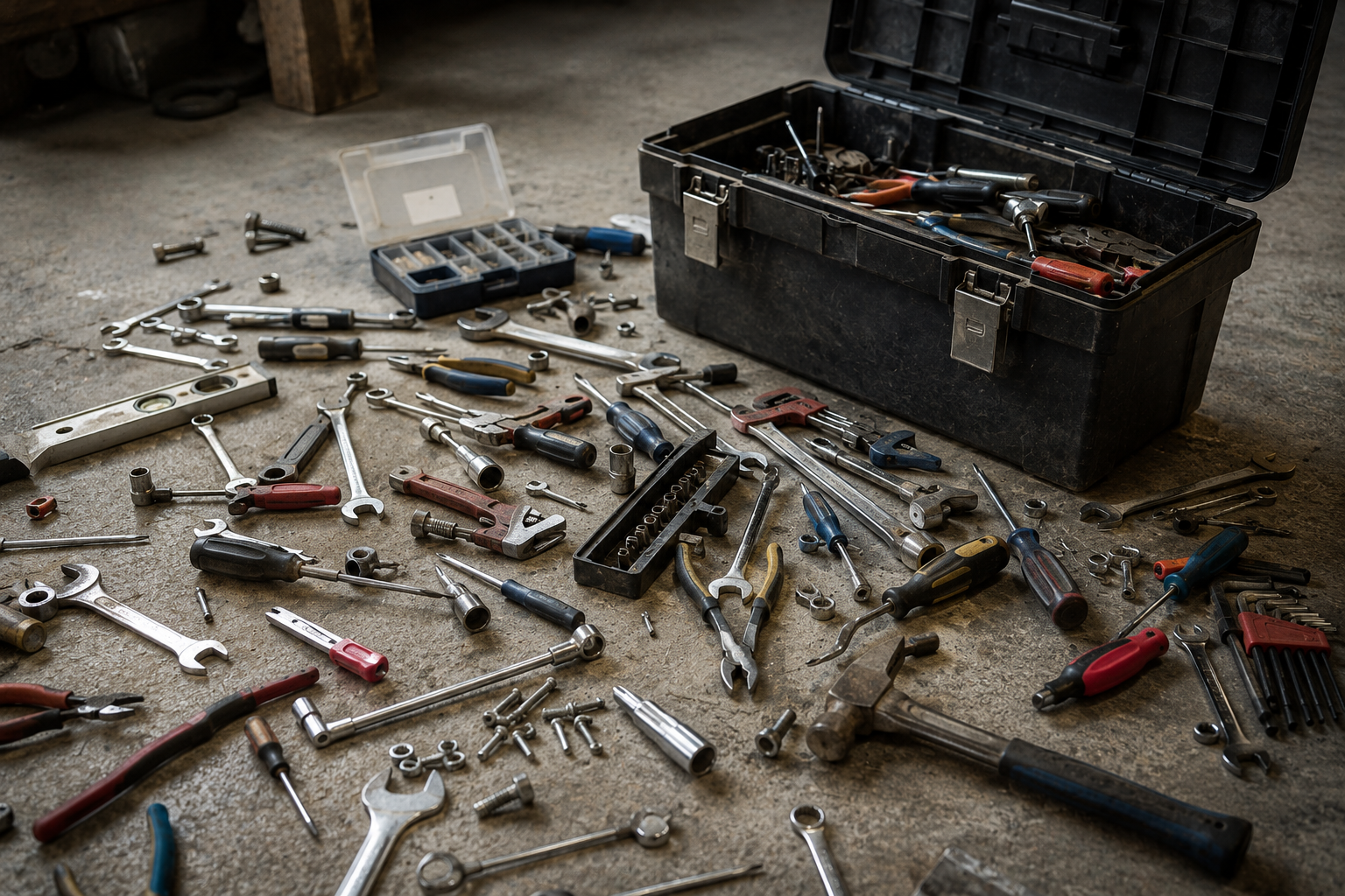 An open toolbox with tools scattered across the floor, illustrating the risk of tool-first AI adoption without strategic clarity