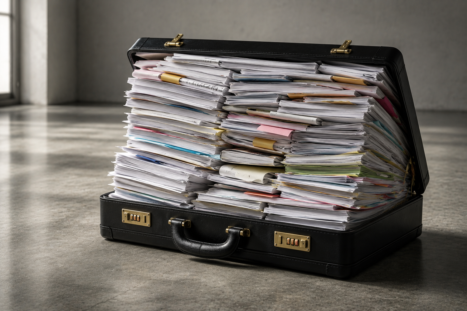 Black briefcase overflowing with marketing reports and paperwork, representing the challenge of proving marketing's revenue impact.