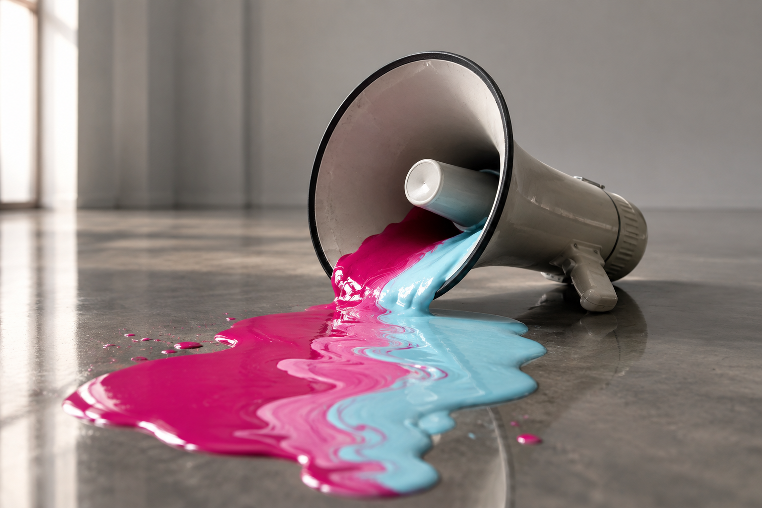 Megaphone with pink and blue paint representing signal and noise in B2B strategy